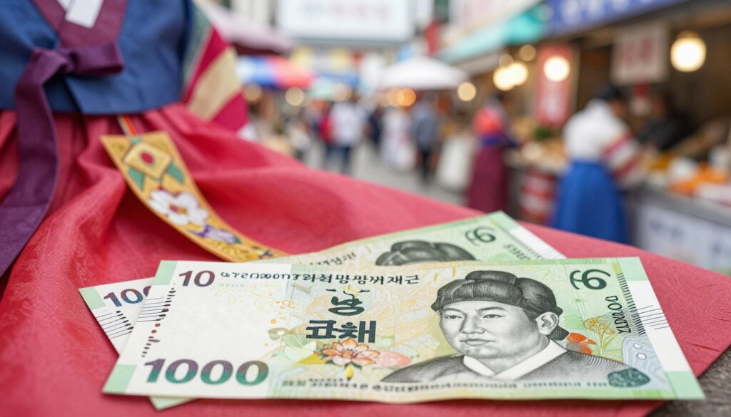 A realistic and detailed image of South Korean currency, the South Korean Won (KRW), prominently displayed in the foreground. The banknotes should be clearly visible, showcasing their intricate designs and vibrant colors, especially the 10,000 and 50,000 won notes. In the middle ground, include traditional South Korean elements such as a decorative Hanbok fabric draped elegantly beside the money. The background should depict a soft, blurred scene of a bustling South Korean market, with hints of street vendors and colorful banners, creating a lively atmosphere. Use warm lighting to convey a welcoming mood, and employ a shallow depth of field to keep the focus on the currency, giving it a polished and professional appearance.