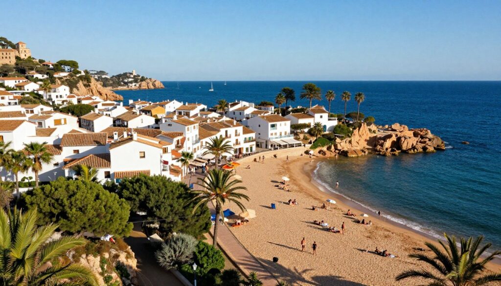 A scenic aerial view of Spain's beautiful coastline featuring Costa Brava and Costa del Sol. In the foreground, lush green cliffs and vibrant sandy beaches filled with people enjoying the sun, dressed in casual summer attire. The middle ground displays quaint whitewashed houses with terracotta roofs, interspersed with palm trees swaying gently in the breeze. In the background, the deep blue Mediterranean Sea sparkles under a bright sun, with sailboats dotting the horizon. The sky is a clear azure, adding to the idyllic atmosphere. The lighting is warm and inviting, evoking a sense of relaxation and adventure, and the composition is captured in a wide-angle shot to emphasize the length of the coastline and the vibrant landscape.