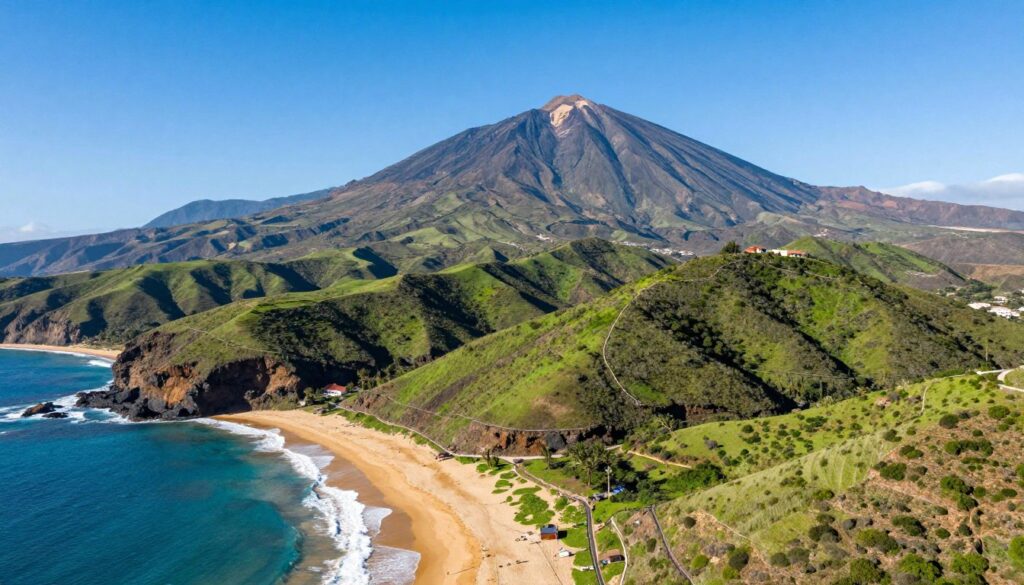 A scenic aerial view of Tenerife, Canary Islands, showcasing its stunning landscapes. In the foreground, lush green hills lead down to the coastline, where turquoise waves crash against golden sandy beaches. The middle ground features the iconic Mount Teide, a majestic volcano rising majestically under a clear blue sky. In the background, distant views of other Canary Islands can be seen, enhancing the sense of travel and adventure. The lighting is bright and sunny, simulating a perfect day for flying. The angle captures a broad perspective, evoking feelings of excitement and wanderlust, emphasizing the beauty of the island as a travel destination. The overall mood is vibrant and inviting, inspiring viewers to explore this stunning paradise. A scenic aerial view of Tenerife, Canary Islands, showcasing its stunning landscapes. In the foreground, lush green hills lead down to the coastline, where turquoise waves crash against golden sandy beaches. The middle ground features the iconic Mount Teide, a majestic volcano rising majestically under a clear blue sky. In the background, distant views of other Canary Islands can be seen, enhancing the sense of travel and adventure. The lighting is bright and sunny, simulating a perfect day for flying. The angle captures a broad perspective, evoking feelings of excitement and wanderlust, emphasizing the beauty of the island as a travel destination. The overall mood is vibrant and inviting, inspiring viewers to explore this stunning paradise.