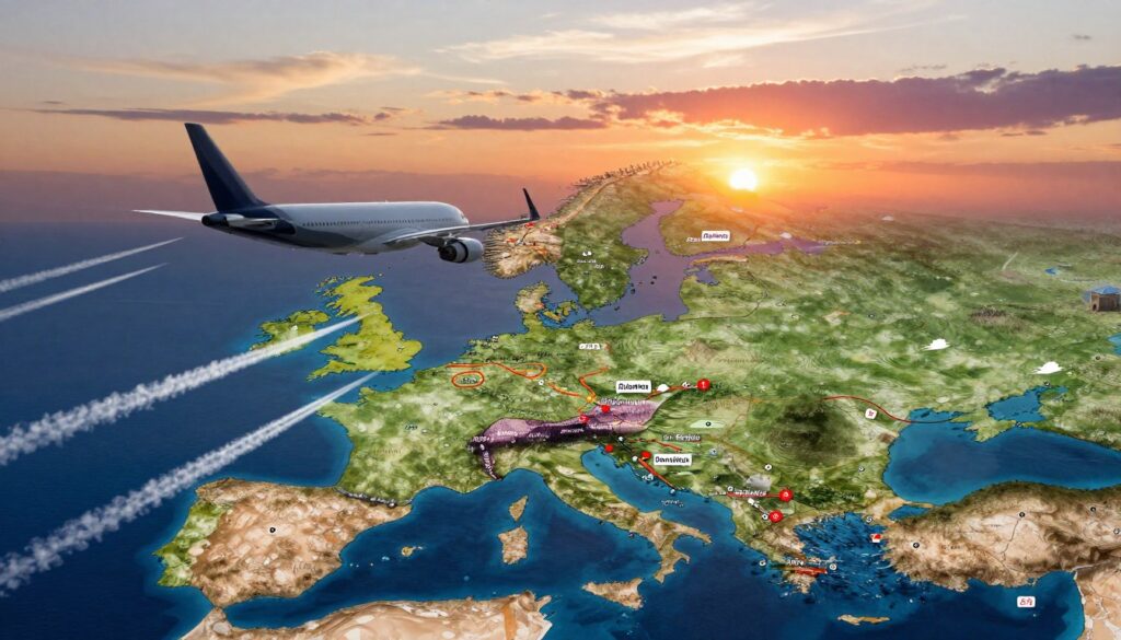 A scenic aerial view of an airplane flying towards Croatia, showcasing various factors affecting flight duration. In the foreground, depict the sleek silhouette of the airplane, with visible contrails. The middle layer features a detailed map of Europe highlighting flight paths to popular Croatian cities like Dubrovnik and Split, with icons representing weather conditions, wind patterns, and time zones. In the background, illustrate a vibrant sunset over the Adriatic Sea, with soft clouds and a warm glow, creating a tranquil atmosphere. Use high dynamic range lighting to emphasize details and colors, with a focus on clarity and depth, capturing both the technical aspects of flight and the natural beauty of the destination.