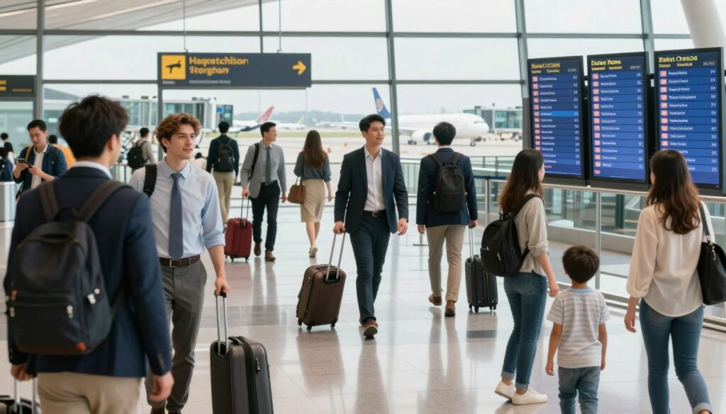 A scenic airport terminal bustling with travelers, showcasing an array of diverse people in professional business attire and modest casual clothing, all engaged in their journeys. In the foreground, a family with children is looking at flight information screens, indicating a transfer or layover. In the middle, several passengers, with luggage in hand, are walking towards their connecting gates, with modern signage visible in the background. Bright, natural lighting pours in through large windows, creating an inviting atmosphere. The backdrop features a panoramic view of planes at the tarmac, emphasizing both direct and connecting flight options. The overall mood is dynamic, reflecting the excitement and anticipation of travel, while capturing the essence of a journey requiring a layover.