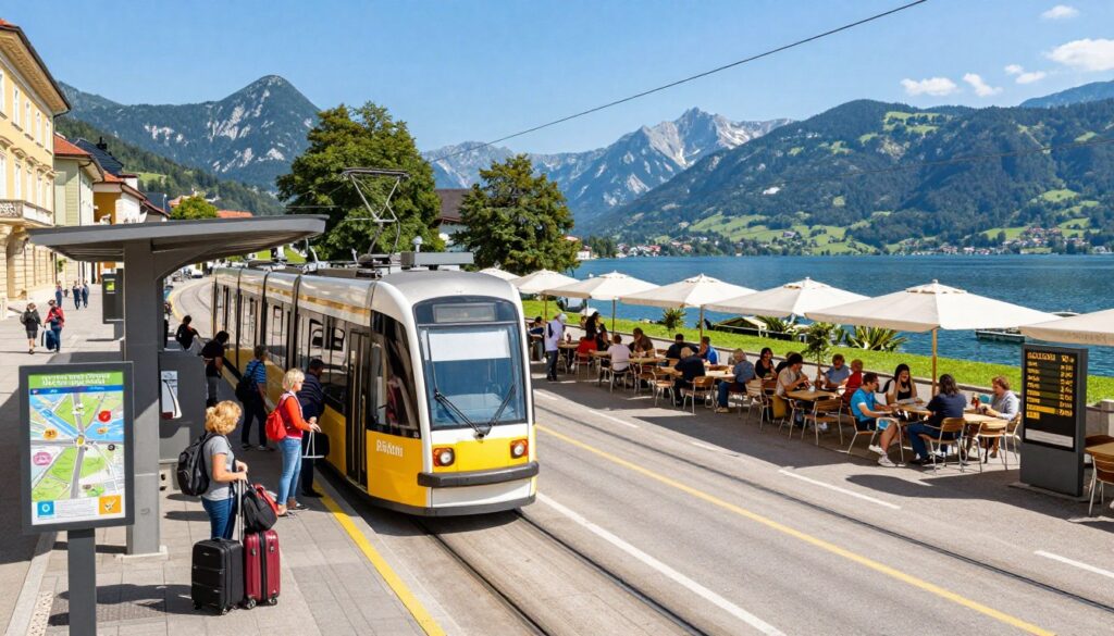 A scenic overview of Slovenia's transportation options, featuring a bustling urban tram station in the foreground with passengers boarding stylish trams and their luggage. In the middle, showcase a charming street lined with cafes, where visitors interact with friendly locals, discussing prices for attractions. The background reveals picturesque landscapes, including the Julian Alps and tranquil lakes, symbolizing Slovenia's natural beauty. Bright, natural lighting illuminates the scene, creating a welcoming atmosphere under a clear blue sky. Include elements like local currency, sightseeing maps, and a digital display board showing transport schedules to highlight the connection between travel and costs. Capture the essence of exploration, adventure, and cultural richness in Slovenia.