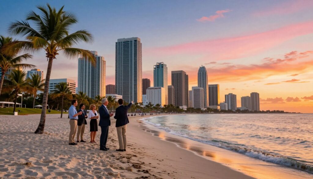 A scenic view of Miami, Florida, during sunset, showcasing its iconic skyline with modern skyscrapers. In the foreground, depict a tranquil beach with soft, white sand and gentle waves lapping at the shore. A few palm trees sway lightly in the warm breeze, casting delicate shadows on the sand. In the middle ground, include a lively group of travelers dressed in professional business attire, engaging in conversation while pointing towards the skyline, symbolizing their journey from Poland. The background should highlight a clear sky transitioning from vibrant oranges and pinks to deep blues. Soft lighting enhances the warm atmosphere, capturing the essence of a joyous arrival in a new city. Avoid any text or visual distractions.
