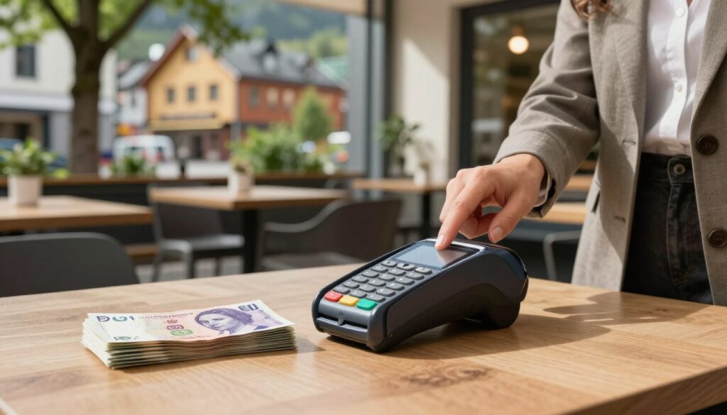 A serene Norwegian urban background featuring a modern café with outdoor seating. In the foreground, a table displays a stack of Norwegian krone banknotes alongside a sleek contactless payment terminal, highlighting the coexistence of cash and card payments. A stylishly dressed person in business casual attire interacts with the terminal, emphasizing a sense of ease in transactions. Soft, natural lighting filters through trees, casting gentle shadows on the scene, creating a warm and inviting atmosphere. In the background, typical Norwegian architecture blends with lush greenery, showcasing a harmonious lifestyle. The scene captures a moment of payment, setting a professional and informative tone without any distractions.