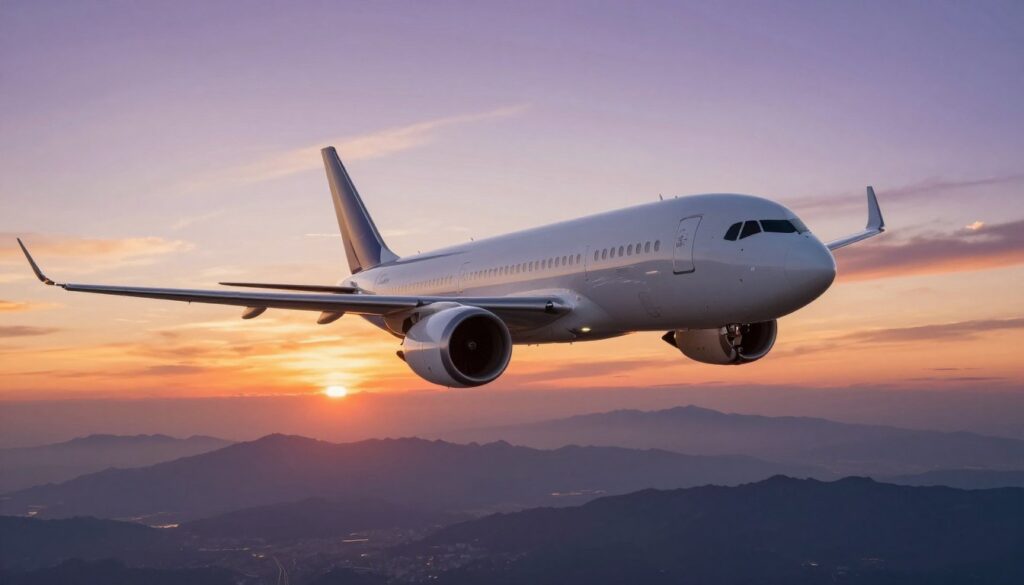 A sleek, modern airplane soaring high above the clouds, representing a direct flight from Warsaw to Tokyo. In the foreground, the airplane's wings are featured prominently, with clear details of its design. The middle ground showcases a beautiful sunset blending warm oranges and purples in the sky, enhancing the sense of travel and adventure. In the background, a panoramic view of distant mountains and the horizon adds depth. The lighting is warm and inviting, suggesting a serene and inspiring atmosphere. The angle is slightly tilted upward to emphasize the flight's ascent. The scene captures the essence of international travel, evoking excitement and curiosity about the journey ahead, without any people or text.