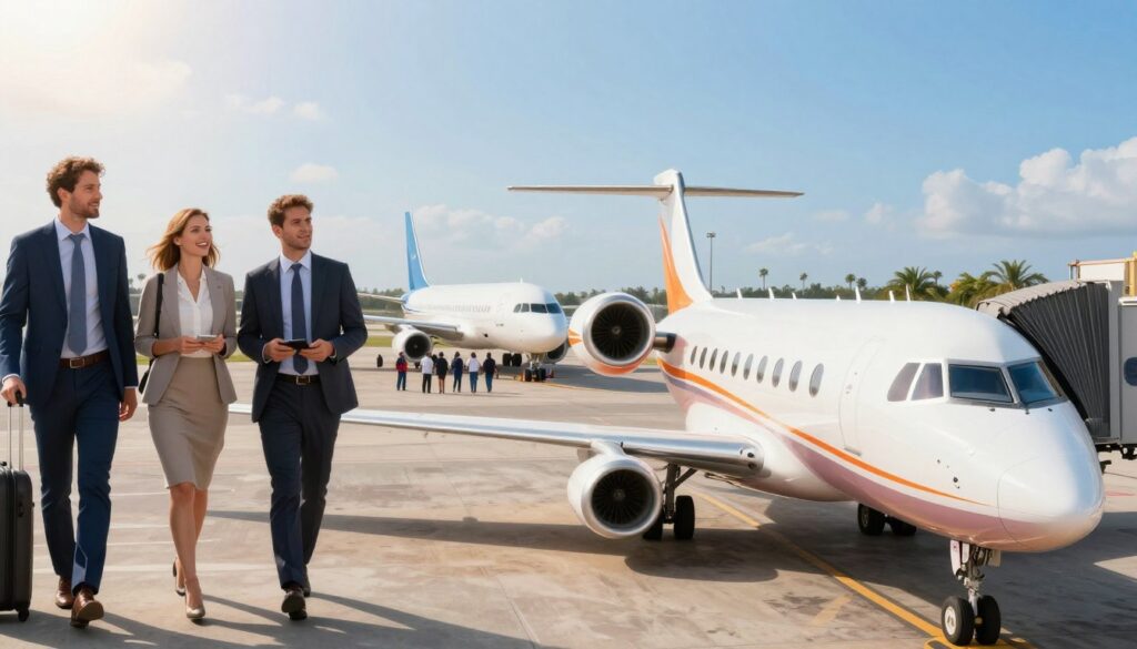 A split image comparing a charter flight and a regular commercial flight to Cape Verde from Poland. In the foreground, depict a modern charter plane with a vibrant design, parked at an airport terminal under a clear blue sky. To the left, show passengers in smart business attire boarding the plane, with excitement in their expressions. In the middle, illustrate a commercial jet with a contrasting, more traditional look, with travelers in casual clothing waiting in line at a bustling airport gate. The background features a bright, sunny landscape with palm trees and hints of beach views that represent Cape Verde, establishing a warm, inviting atmosphere. Use soft morning light to create a cheerful mood, with a focus on travel convenience and anticipation.