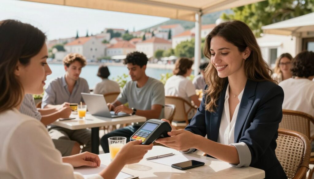 A stylish outdoor café scene in Croatia, featuring a diverse group of people at tables, engaging in conversation while using credit cards for payments. In the foreground, a young professional woman is holding a mobile point-of-sale device while casually dressed, smiling, and assisting a customer. The middle ground showcases people seated, some with laptops and drinks, with a picturesque view of Croatian architecture and a sunlit terrace in the background. Warm, natural lighting creates a welcoming atmosphere, with soft shadows enhancing the scene. A hint of greenery from nearby trees adds vibrancy. Capture the essence of modern payment methods while reflecting the charm of Croatia.