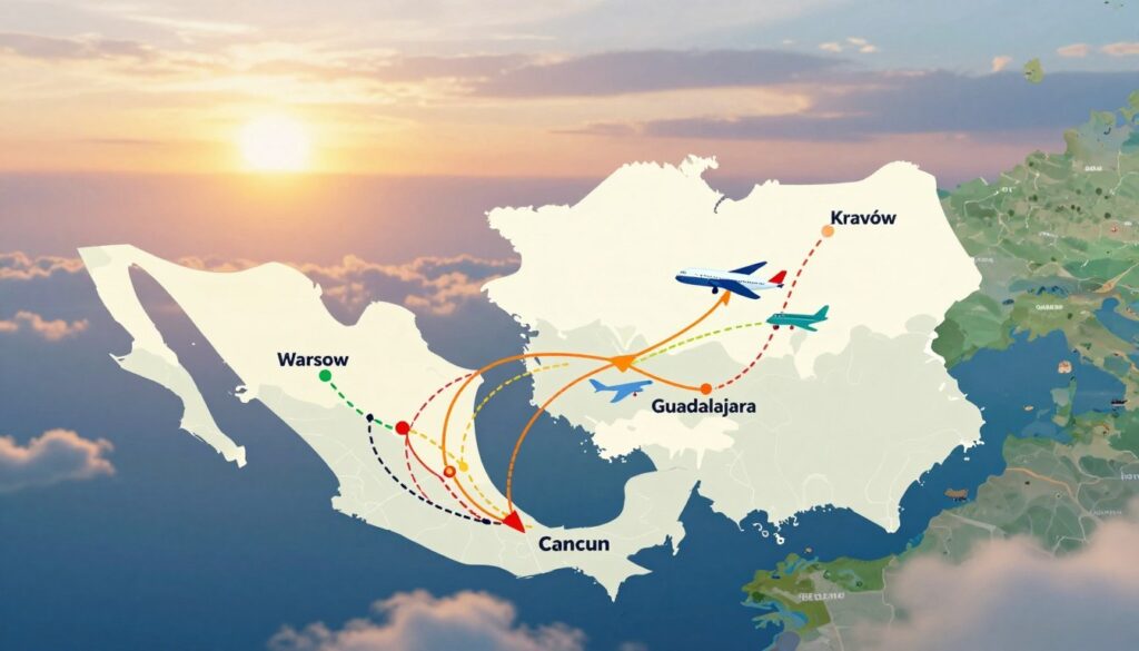 A stylized digital illustration depicting the flight routes from Poland to popular cities in Mexico. In the foreground, a detailed map features vibrant flight paths marked with dashed lines, connecting Warsaw, Kraków, and Wrocław to Mexico City, Cancun, and Guadalajara. The midsection showcases colorful airplane icons traveling along these routes. In the background, a serene sky transitions from dawn to dusk, with soft clouds and a golden sun illuminating the scene, creating an inviting atmosphere. The overall mood is adventurous and informative, evoking a sense of exploration. The composition should have a slight tilt to suggest dynamic movement. The artwork should be bright, engaging, and visually appealing without any text or branding. A stylized digital illustration depicting the flight routes from Poland to popular cities in Mexico. In the foreground, a detailed map features vibrant flight paths marked with dashed lines, connecting Warsaw, Kraków, and Wrocław to Mexico City, Cancun, and Guadalajara. The midsection showcases colorful airplane icons traveling along these routes. In the background, a serene sky transitions from dawn to dusk, with soft clouds and a golden sun illuminating the scene, creating an inviting atmosphere. The overall mood is adventurous and informative, evoking a sense of exploration. The composition should have a slight tilt to suggest dynamic movement. The artwork should be bright, engaging, and visually appealing without any text or branding.