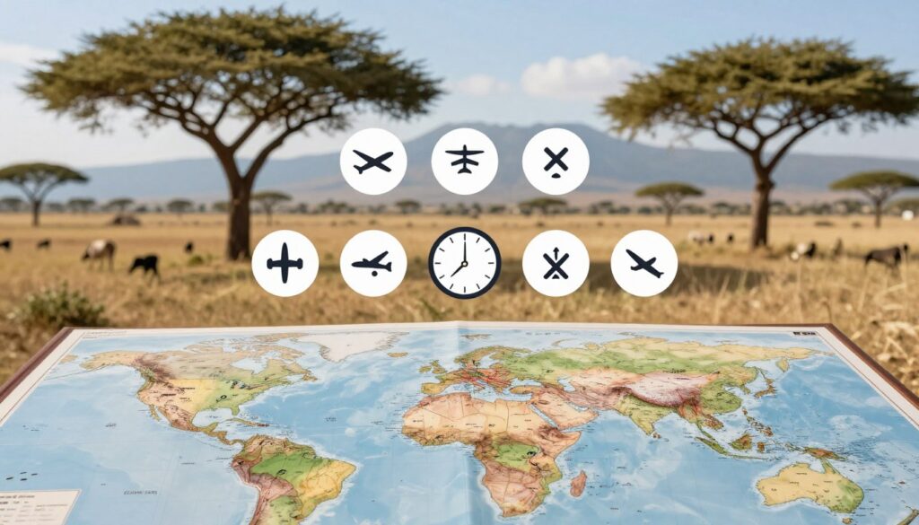 A travel scene depicting various factors influencing travel time to Kenya. In the foreground, a detailed world map with international flight routes highlighted. In the middle, an overlay of icons representing key factors such as airline logos, flight duration clocks, and layover symbols, all arranged in a visually engaging manner. In the background, a partially obscured image of a Kenyan landscape, showcasing the iconic savannah with acacia trees and distant mountains under a bright blue sky. The lighting should be warm and inviting, suggesting a sunny day. The composition should create an atmosphere of exploration and anticipation, emphasizing the journey ahead. The perspective should be slightly angled to give depth, resembling an aerial view.