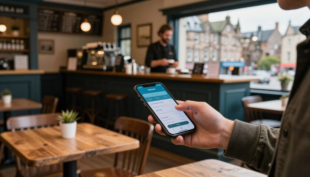 A traveler in smart casual attire is using a smartphone to make a contactless payment at a quaint café in Scotland. In the foreground, the smartphone screen displays a digital payment app with a clear focus on the transaction. The middle ground features a classic Scottish café with traditional décor, wooden tables, and a friendly barista serving coffee. In the background, iconic Scottish architecture is visible, showcasing the charming cityscape. Soft, warm lighting creates an inviting atmosphere, evoking a sense of ease and modernity in traveling around Scotland. The angle is slightly elevated to capture both the act of payment and the surrounding ambiance, ensuring the scene feels lively yet relaxed.