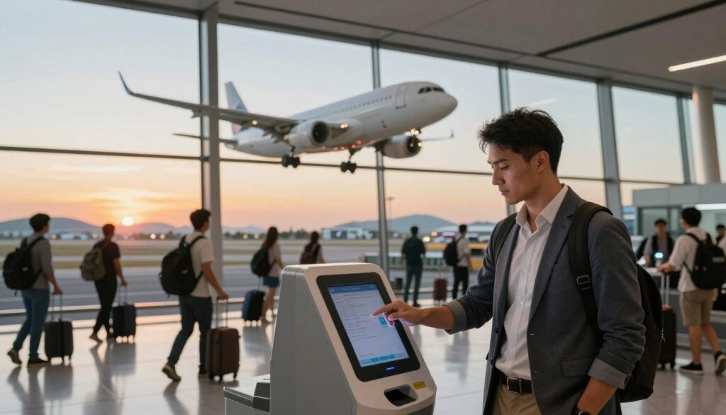 A vibrant airport scene showcasing a modern airplane just about to take off, symbolizing a direct flight. In the foreground, a confident business traveler, dressed in smart casual attire, checks in at a sleek digital kiosk with a determined look. The middle layer captures a bustling airport terminal with travelers carrying luggage, while large windows reveal the airplane on the runway, illuminated by the warm golden light of a sunset. In the background, a clear view of the sky transitioning from blue to orange, hinting at distant islands. The atmosphere is energetic yet organized, reflecting anticipation and ease. The focus should be sharp on the traveler while gently blurring the busy terminal for depth, creating a sense of motion and excitement in the air travel experience.