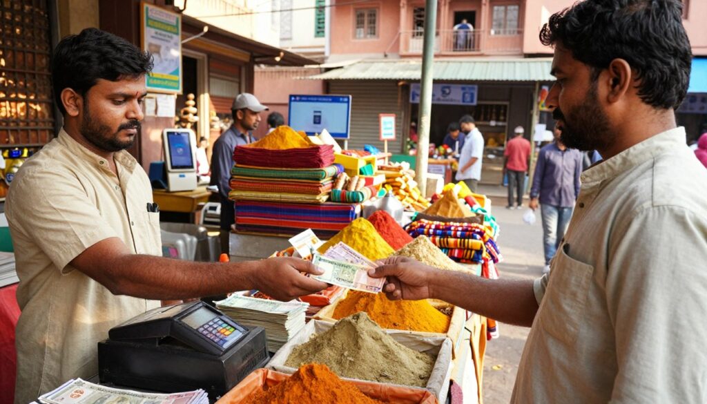 A vibrant and bustling marketplace in India showcasing various forms of payment. In the foreground, a vendor accepts cash and a credit card from a customer, who is dressed in modest casual attire. The middle ground features a colorful array of goods, such as spices and textiles, with a cash register visibly displaying Indian Rupees and credit card terminals. In the background, traditional Indian architecture contrasts with modern aspects like digital payment signs. The scene is illuminated by warm, natural sunlight, highlighting the lively atmosphere. Capture this moment from a slightly elevated angle, focusing on the interaction between the vendor and the customer, creating a sense of connection and commerce.