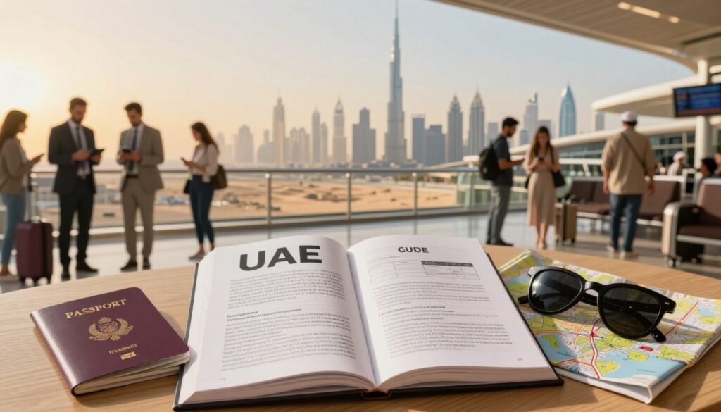 A vibrant and informative travel scene depicting practical tips for traveling to the United Arab Emirates. In the foreground, a neatly arranged travel guide book open to a page about UAE, surrounded by practical items like a passport, sunglasses, and a map highlighting Dubai. In the middle ground, a modern airport setting with travelers in professional business attire and modest casual clothing, checking digital devices. The background features a panoramic view of a hot desert landscape transitioning into the iconic skyline of Dubai, with the Burj Khalifa prominently visible. Golden sunlight bathes the scene, creating a warm, inviting atmosphere, while a subtle depth of field blurs the distant cityscape slightly, emphasizing the foreground objects.