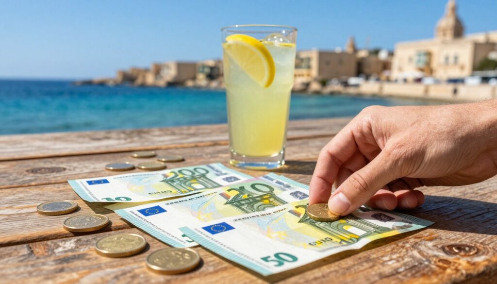 A vibrant and inviting scene illustrating euros in cash, scattered on a rustic wooden table topped with Maltese coins. In the foreground, a hand reaching for a few euro banknotes, showcasing their vivid colors and intricate designs. The middle ground features a beautiful glass of fresh lemonade, with a backdrop of the sunny Maltese coast, complete with bright blue skies and distant azure waters. The scene is warmly lit, evoking an atmosphere of relaxation and leisure, ideal for tourists. The composition is shot at a slight angle to capture the tabletop arrangement and the enchanting background, emphasizing the currency's importance for visitors enjoying life in Malta.