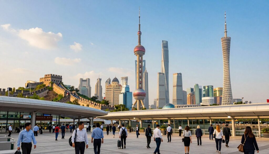 A vibrant cityscape depicting the most popular cities in China, including Beijing, Shanghai, and Guangzhou. In the foreground, include a stylish airport terminal bustling with travelers in professional business attire, showcasing a mix of cultures. The middle ground features iconic landmarks like the Great Wall, the Oriental Pearl Tower, and the Canton Tower under a clear blue sky. In the background, hint at the majestic mountains and skyline, emphasizing the diversity of China's landscapes. Use warm, natural lighting to create a welcoming atmosphere, and a wide-angle lens perspective to capture the scale. The mood should reflect excitement and anticipation for travel, with soft clouds adding a dynamic touch to the sky.