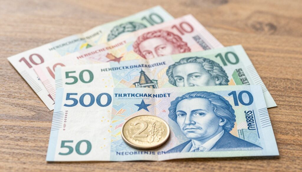 A vibrant display of Danish banknotes and coins arranged aesthetically on a textured wooden surface. In the foreground, focus on a five hundred krone note, featuring its signature deep blue hues and intricate patterns, alongside a shiny two-krone coin reflecting light. The middle layer showcases various denominations, including the ten and twenty krone notes, artfully fanned out, revealing their colorful designs. In the background, soft diffused natural light creates a warm and inviting atmosphere, enhancing the details of the currency. The image is captured from a top-down angle, presenting a neat layout, inviting viewers to appreciate the designs and colors of the Danish currency.