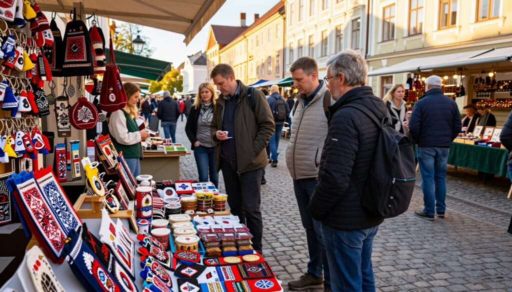 A vibrant market scene depicting various souvenirs and attractions in Estonia, showcasing items like traditional handicrafts, keychains, and local delicacies. In the foreground, a beautifully arranged display of colorful souvenirs with intricate Estonian designs, drawing attention to the craftsmanship. The middle ground features a diverse group of travelers, dressed in casual yet modest clothing, examining the offerings and engaged in conversation. In the background, a cobblestone street lined with charming historic buildings illuminated by warm, golden sunlight during the late afternoon. The scene conveys a lively and inviting atmosphere, encapsulating the essence of Estonian culture and the excitement of exploring local attractions. The perspective is slightly elevated, providing a comprehensive view of the bustling market activity while creating depth and interest in the composition.