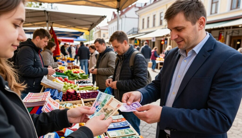 A vibrant scene depicting a Ukrainian street market where diverse currency transactions occur. In the foreground, a friendly vendor in business attire is exchanging hryvnia banknotes with a customer, who is inspecting colorful currency notes. The middle ground reveals various stands showcasing local goods, like fresh produce and handmade crafts, with customers interacting enthusiastically. In the background, traditional Ukrainian architecture adds charm to the bustling market, bathed in warm, natural sunlight. The atmosphere is lively and inviting, capturing the essence of everyday life in Ukraine. Use a wide-angle lens to create a dynamic composition, and emphasize clarity and detail in the banknotes to highlight the importance of hryvnia as the local currency.