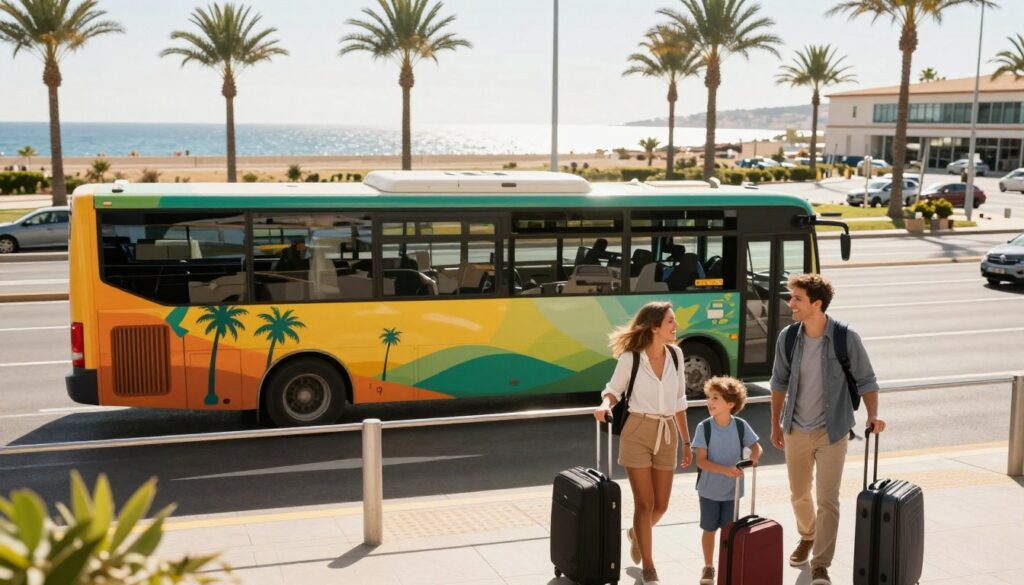 A vibrant scene depicting the transfer from Palma Mallorca Airport to a hotel, capturing a sunlit day. In the foreground, a cheerful family with two children, dressed in smart casual clothing, is waiting with luggage beside a shuttle bus, set against the backdrop of the terminal. In the middle ground, the shuttle bus is parked, brightly colored with palm tree decals, inviting travelers. The background showcases the palm-lined road leading away from the busy airport, accented with distant views of the Mediterranean Sea glistening under the sunlight. The image is captured from a slightly elevated angle, creating a dynamic perspective that embodies excitement and anticipation for the travel journey. Soft, natural lighting enhances the cheerful atmosphere, making it feel welcoming and warm. A vibrant scene depicting the transfer from Palma Mallorca Airport to a hotel, capturing a sunlit day. In the foreground, a cheerful family with two children, dressed in smart casual clothing, is waiting with luggage beside a shuttle bus, set against the backdrop of the terminal. In the middle ground, the shuttle bus is parked, brightly colored with palm tree decals, inviting travelers. The background showcases the palm-lined road leading away from the busy airport, accented with distant views of the Mediterranean Sea glistening under the sunlight. The image is captured from a slightly elevated angle, creating a dynamic perspective that embodies excitement and anticipation for the travel journey. Soft, natural lighting enhances the cheerful atmosphere, making it feel welcoming and warm.