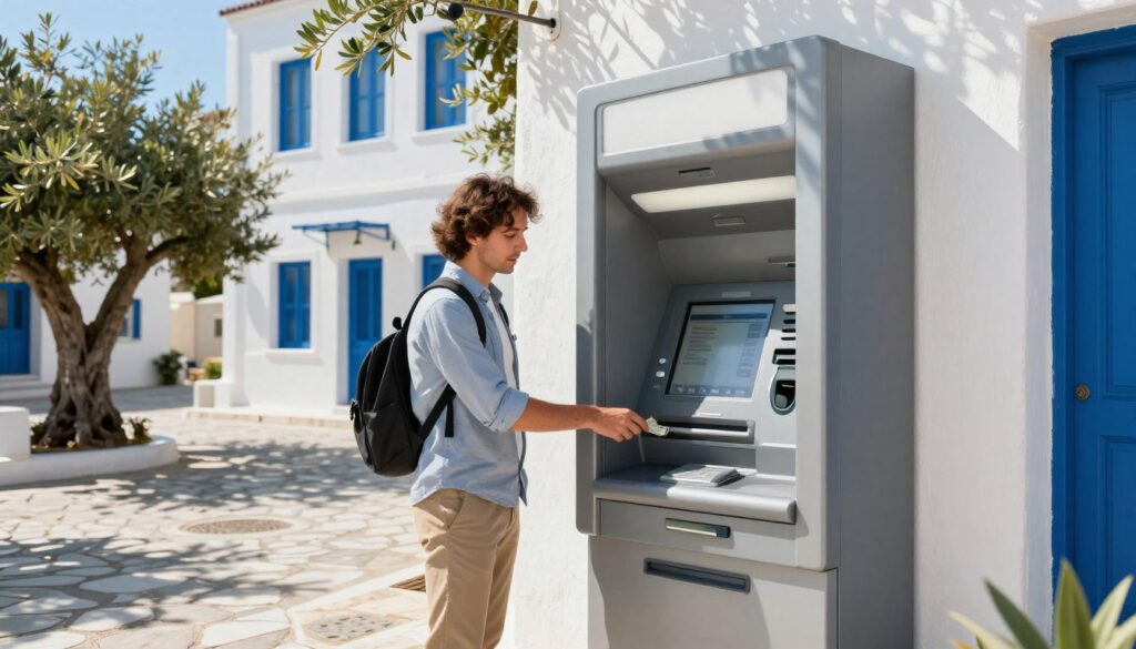 A vibrant scene featuring a modern ATM in Greece, nestled at the corner of a sunlit cobblestone street. In the foreground, the sleek, silver ATM stands prominently, with a touchscreen interface displaying language options. In the middle ground, a tourist in professional casual attire is withdrawing cash, looking curious and engaged. In the backdrop, traditional Greek architecture is visible, with whitewashed buildings and bright blue shutters under a clear blue sky. Olive trees sway gently in the breeze, casting dappled shadows on the ground. The atmosphere is warm and inviting, evoking a sense of excitement for travelers navigating their finances in a new country, with soft, natural lighting enhancing the scene.