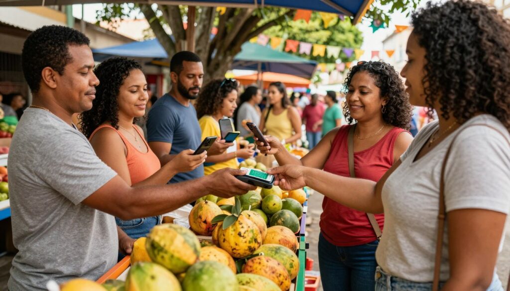 A vibrant scene in a bustling Brazilian marketplace, focusing on payment methods. In the foreground, a vendor stands behind a colorful stall filled with tropical fruits, carrying out a cash transaction with a customer, both dressed in casual, modest clothing. The middle ground showcases a variety of people engaging in digital payments with smartphones, emphasizing the use of contactless card payments. In the background, a lively street adorned with festive decorations and shoppers enjoying their day. Soft, warm lighting filters through the trees, creating a welcoming atmosphere. The angle captures the excitement of the transaction, highlighting the blend of cash and card payments in everyday Brazilian life, evoking a sense of cultural vibrancy.