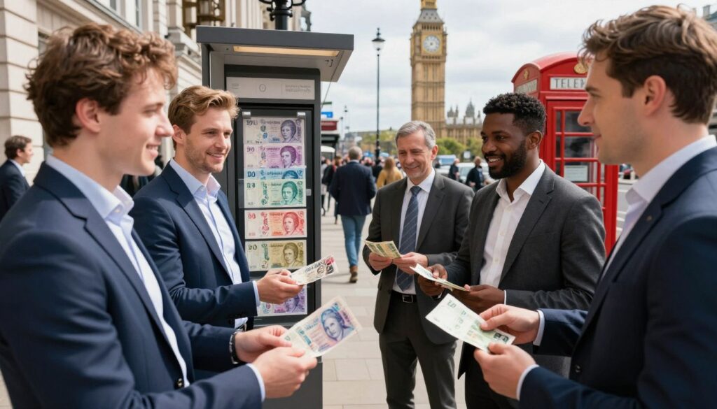 A vibrant street scene showcasing Scottish banknotes being exchanged in a bustling urban environment in England. In the foreground, a diverse group of people in professional business attire are engaging in a friendly conversation, highlighting the exchange of Scottish currency. The middle ground features a currency exchange kiosk adorned with colorful banknotes, drawing the eye. In the background, iconic English landmarks such as Big Ben or a traditional red telephone box add context to the setting. The lighting is bright and airy, simulating a sunny day, creating a warm and inviting atmosphere. Shot with a wide-angle lens to capture the lively interactions and the urban backdrop, emphasizing the acceptance of Scottish banknotes beyond their home region.