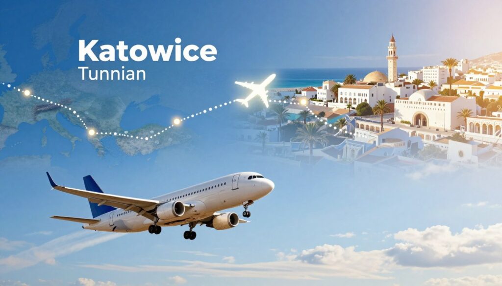 A vibrant travel scene depicting a flight from Katowice to Tunisia, illustrating iconic elements of both locations. In the foreground, a sleek airplane soaring through a clear blue sky, with wispy white clouds trailing behind it. In the middle ground, a detailed map overlay showing the flight path from Katowice to Tunisia, marked by dotted lines and a glowing airplane icon. The background features a picturesque Tunisian landscape, with hints of Mediterranean coastline, palm trees, and the silhouette of popular Tunisian airports like Tunis-Carthage. The lighting is bright and cheerful, suggesting a sunny day, with warm, inviting tones. The mood captures a sense of adventure and excitement, ideal for holiday travel. No text or logos are present in the image.