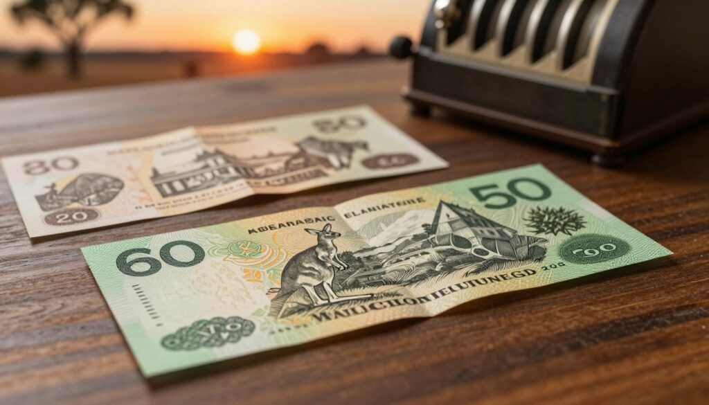A vintage Australian dollar bill gracefully unfurled across a polished wooden surface, showcasing intricate details of its design. In the foreground, a soft glow highlights the bill's artwork, including iconic Australian symbols like the kangaroo and the continent’s landscape. The middle ground features a historical setting, with sepia-toned photographs of early Australian currency and an antique cash register, evoking a sense of nostalgia. In the background, hints of the Australian outback fade into a warm sunset, casting amber light that enhances the atmosphere. The scene embodies a rich history of money in Australia, with an inviting and educational mood. Capture this image from a slight high angle, with soft focus on the edges to draw attention to the foreground details while keeping a harmonious composition.