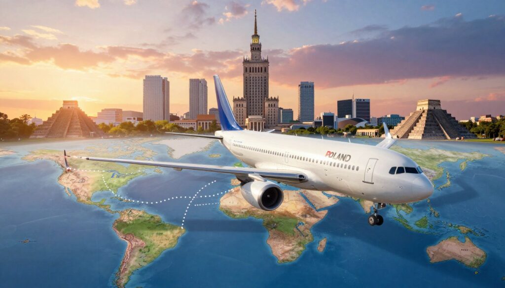 A visually captivating image showcasing a flight path from Poland to Mexico, emphasizing the factors affecting flight duration. In the foreground, an airplane flying above a world map, with dotted lines illustrating flight routes connecting Poland and Mexico. The middle ground features landmarks from both countries, like the Warsaw skyline and ancient Mayan pyramids, symbolizing cultural connections. The background displays a vibrant sky transitioning from dawn to dusk, representing different time zones. Use soft, natural lighting to create a warm atmosphere, with a slight lens flare highlighting the airplane. Capture the sense of journey and adventure while maintaining a professional tone. The composition should be balanced and visually engaging, ideal for illustrating the subject effectively. A visually captivating image showcasing a flight path from Poland to Mexico, emphasizing the factors affecting flight duration. In the foreground, an airplane flying above a world map, with dotted lines illustrating flight routes connecting Poland and Mexico. The middle ground features landmarks from both countries, like the Warsaw skyline and ancient Mayan pyramids, symbolizing cultural connections. The background displays a vibrant sky transitioning from dawn to dusk, representing different time zones. Use soft, natural lighting to create a warm atmosphere, with a slight lens flare highlighting the airplane. Capture the sense of journey and adventure while maintaining a professional tone. The composition should be balanced and visually engaging, ideal for illustrating the subject effectively.