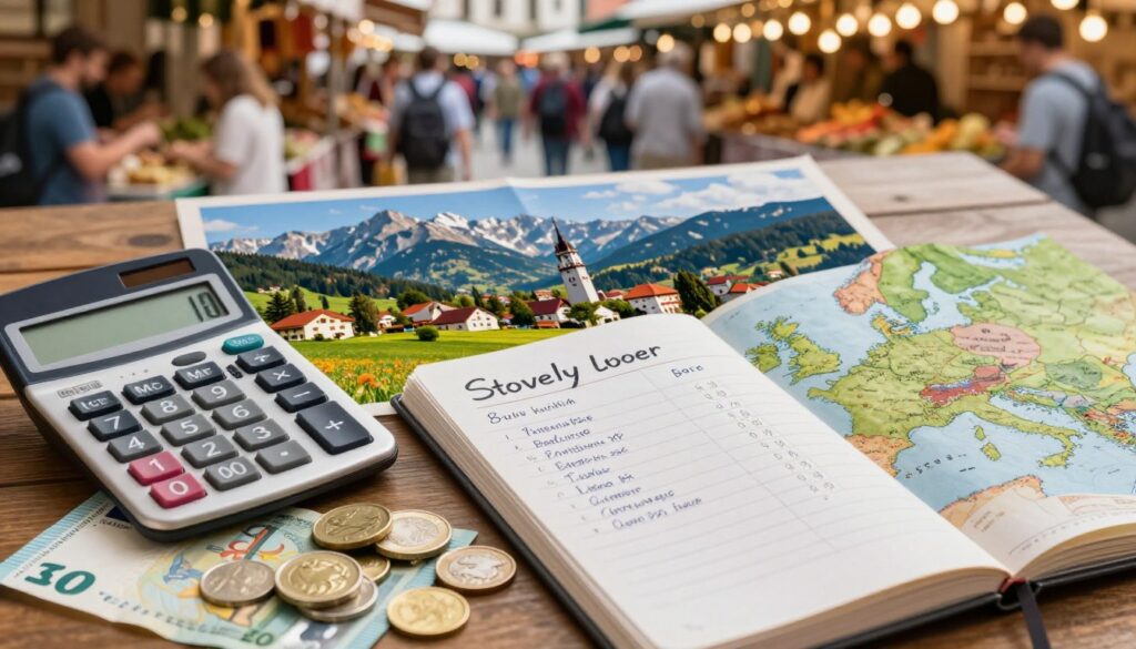 A visually engaging scene depicting prices and budget planning for travel in Slovakia, featuring a beautifully arranged table with a calculator, a notebook filled with handwritten notes, and a European map displaying Slovakia's borders. In the foreground, a stack of Euro coins and banknotes, suggesting travel expenses. The middle ground showcases a vibrant Slovakian landscape with mountains and charming towns, hinting at potential destinations. The background features a soft-focus image of a bustling market scene, where locals are interacting, emphasizing the cultural aspect of spending. The lighting is warm and inviting, creating a friendly atmosphere, while the composition is viewed from a slightly elevated angle to capture all elements harmoniously. The overall mood reflects careful budget planning and adventure.