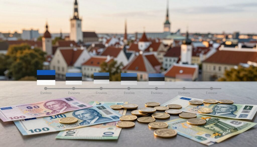 A visually engaging scene depicting the history of the Estonian kroon transitioning to the euro. In the foreground, an elegant table display showcases an assortment of Estonian kroons, featuring colorful banknotes and coins, alongside shiny euro coins. The middle section features a subtle comparison chart or timeline illustrating key milestones in Estonia's currency transition, artistically integrated to feel immersive. In the background, a scenic view of Tallinn’s skyline under soft golden hour lighting, with historical and modern architecture harmoniously juxtaposed. The mood is informative yet inviting, encouraging curiosity about Estonia's financial evolution. Use a shallow depth of field to emphasize the foreground objects, with a warm, inviting color palette. No text or logos should be present in the image.