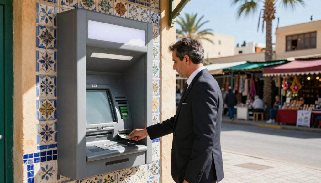 A well-lit scene depicting an ATM in Tunisia, set in an urban environment. In the foreground, a modern ATM stands against a vibrant backdrop of local architecture, showcasing traditional Tunisian tiles and warm, earthy colors. In the middle ground, a person dressed in professional business attire, a middle-aged individual, is withdrawing cash from the machine, emphasizing the action of using the ATM. The background reveals soft-focus details of bustling street life, with colorful market stalls and palm trees under a bright blue sky. The atmosphere is warm and inviting, highlighting the convenience of accessing funds while traveling, with natural sunlight casting gentle shadows on the scene. The composition captures the essence of banking in Tunisia without text or distractions. A well-lit scene depicting an ATM in Tunisia, set in an urban environment. In the foreground, a modern ATM stands against a vibrant backdrop of local architecture, showcasing traditional Tunisian tiles and warm, earthy colors. In the middle ground, a person dressed in professional business attire, a middle-aged individual, is withdrawing cash from the machine, emphasizing the action of using the ATM. The background reveals soft-focus details of bustling street life, with colorful market stalls and palm trees under a bright blue sky. The atmosphere is warm and inviting, highlighting the convenience of accessing funds while traveling, with natural sunlight casting gentle shadows on the scene. The composition captures the essence of banking in Tunisia without text or distractions.