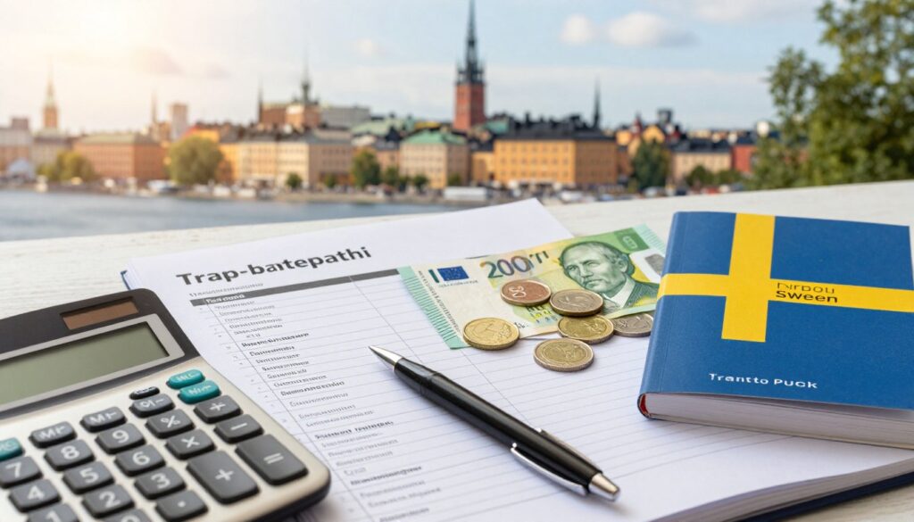A well-organized budget plan for a trip to Sweden, featuring a detailed layout with various categories visually represented—like transportation, accommodation, food, and activities. In the foreground, include a stylish calculator and a notebook filled with budget notes, emphasizing careful financial planning. In the middle, arrange currency notes, specifically Swedish Krona, alongside coins and a travel guide book about Sweden, to symbolize the focus on money management and travel preparation. In the background, display a blurred iconic Swedish landscape—perhaps a scenic view of the Stockholm skyline or lush Swedish forests—bathed in soft, warm sunlight, creating an inviting and hopeful atmosphere. The mood should convey anticipation and excitement for the journey ahead.