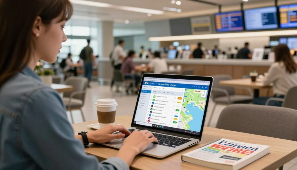 A well-organized travel planning scene showcasing a professional individual, a young woman in smart casual attire, using a laptop at an airport café. In the foreground, her laptop displays a colorful travel itinerary to the Canary Islands, with flight times and maps visible. In the middle, a coffee cup and a travel guidebook are placed beside her, adding to the travel ambiance. The background features a bustling airport terminal with travelers and flight information screens displaying departures and arrivals. The scene is illuminated by soft, warm lighting to create a welcoming atmosphere, shot from a slightly elevated angle to capture the overall setup. The mood is focused and optimistic, emphasizing the excitement of planning a journey while managing time efficiently. A well-organized travel planning scene showcasing a professional individual, a young woman in smart casual attire, using a laptop at an airport café. In the foreground, her laptop displays a colorful travel itinerary to the Canary Islands, with flight times and maps visible. In the middle, a coffee cup and a travel guidebook are placed beside her, adding to the travel ambiance. The background features a bustling airport terminal with travelers and flight information screens displaying departures and arrivals. The scene is illuminated by soft, warm lighting to create a welcoming atmosphere, shot from a slightly elevated angle to capture the overall setup. The mood is focused and optimistic, emphasizing the excitement of planning a journey while managing time efficiently.