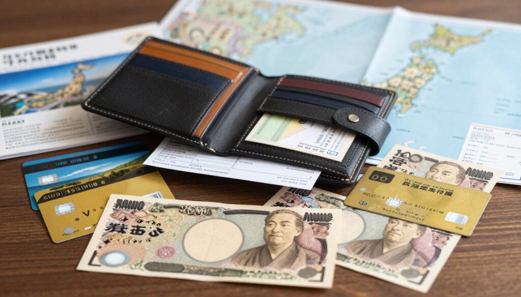A well-organized travel preparation scene focused on money and cards before a trip to Japan. In the foreground, a neatly arranged assortment of Japanese Yen banknotes and travel credit cards, some with vibrant designs featuring cultural elements. The middle layer shows an open travel wallet, partially filled with documents like travel insurance and itineraries. In the background, a softly blurred map of Japan and travel guides for visual context. The lighting is warm and inviting, adding an adventurous yet calm ambiance, akin to a cozy home setting. Capture this scene from a slight top-down angle, providing a clear view of the items, conveying a sense of readiness and excitement for the journey ahead. A well-organized travel preparation scene focused on money and cards before a trip to Japan. In the foreground, a neatly arranged assortment of Japanese Yen banknotes and travel credit cards, some with vibrant designs featuring cultural elements. The middle layer shows an open travel wallet, partially filled with documents like travel insurance and itineraries. In the background, a softly blurred map of Japan and travel guides for visual context. The lighting is warm and inviting, adding an adventurous yet calm ambiance, akin to a cozy home setting. Capture this scene from a slight top-down angle, providing a clear view of the items, conveying a sense of readiness and excitement for the journey ahead.
