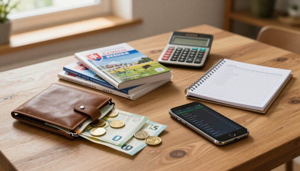 A well-organized travel preparation scene in a cozy indoor environment, featuring a stylish wooden table. In the foreground, an open wallet with Euro bills and coins spilling out, alongside a smartphone displaying currency exchange rates. In the middle, a neatly arranged pile of travel guides on Slovakia, and a calculator with a notepad indicating budget planning. In the background, a warm and inviting window light stream illuminating the space. The atmosphere is focused and motivating, reflecting careful financial planning for a trip. The overall color palette is warm and earthy, creating a sense of readiness and excitement for the journey ahead. No human subjects in the image.