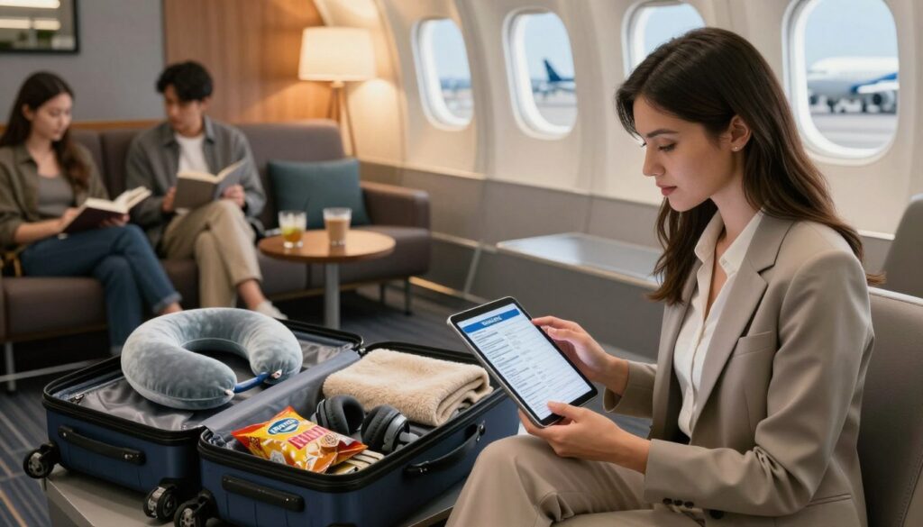 A well-organized travel scene illustrating preparation for a long flight to Australia. In the foreground, a young professional woman dressed in smart casual attire examines a travel checklist on her tablet, surrounded by neatly packed luggage and travel accessories. In the middle ground, a stylish carry-on bag is open, displaying items like a neck pillow, a travel blanket, headphones, and snacks. In the background, a cozy airport lounge setting with soft lighting casts a warm atmosphere, featuring comfortable seating and travelers relaxing with books and drinks. A large window shows an airplane preparing for takeoff, hinting at the adventure ahead. The overall mood is calm and motivated, with a focus on organized preparedness for travel. A well-organized travel scene illustrating preparation for a long flight to Australia. In the foreground, a young professional woman dressed in smart casual attire examines a travel checklist on her tablet, surrounded by neatly packed luggage and travel accessories. In the middle ground, a stylish carry-on bag is open, displaying items like a neck pillow, a travel blanket, headphones, and snacks. In the background, a cozy airport lounge setting with soft lighting casts a warm atmosphere, featuring comfortable seating and travelers relaxing with books and drinks. A large window shows an airplane preparing for takeoff, hinting at the adventure ahead. The overall mood is calm and motivated, with a focus on organized preparedness for travel.