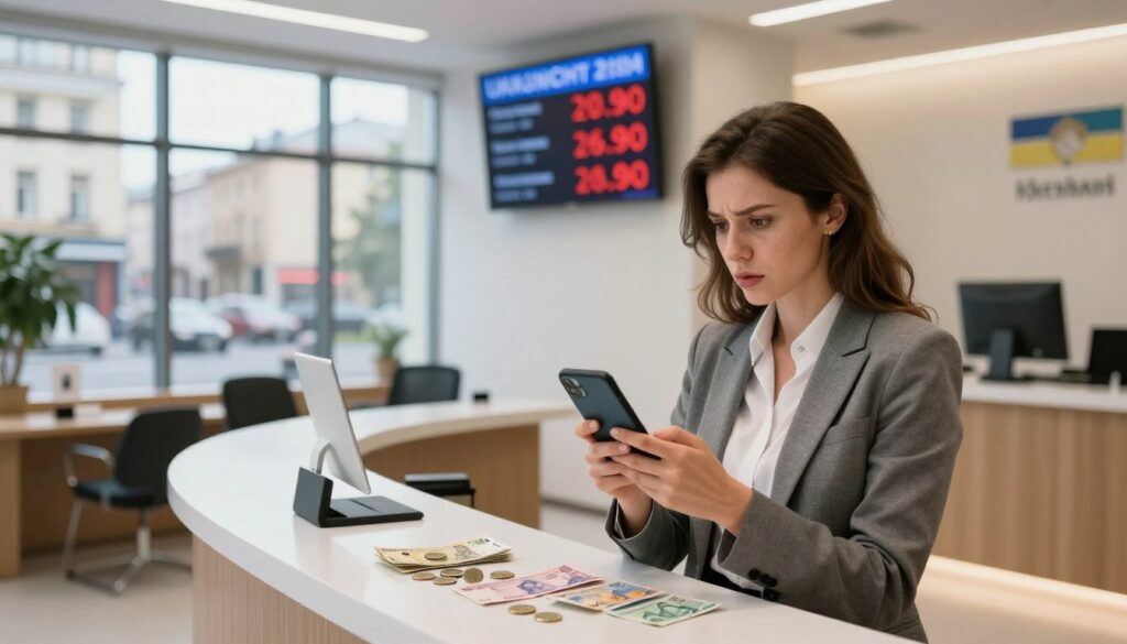 An elegant scene depicting a modern financial exchange office with a digital display showing the current exchange rate of the Ukrainian hryvnia. In the foreground, a professional-looking businesswoman in business attire is closely examining the exchange rate on a smartphone, portraying a sense of urgency and preparation for travel. The middle ground features a sleek, contemporary exchange desk with currency notes and coins artistically arranged. In the background, large windows reveal a bustling street in a Ukrainian city, hinting at the vibrant atmosphere. The lighting is bright and inviting, with a warm glow illuminating the interior space, creating a welcoming and informative mood. The composition is shot from a slight angle, enhancing the depth of the scene.